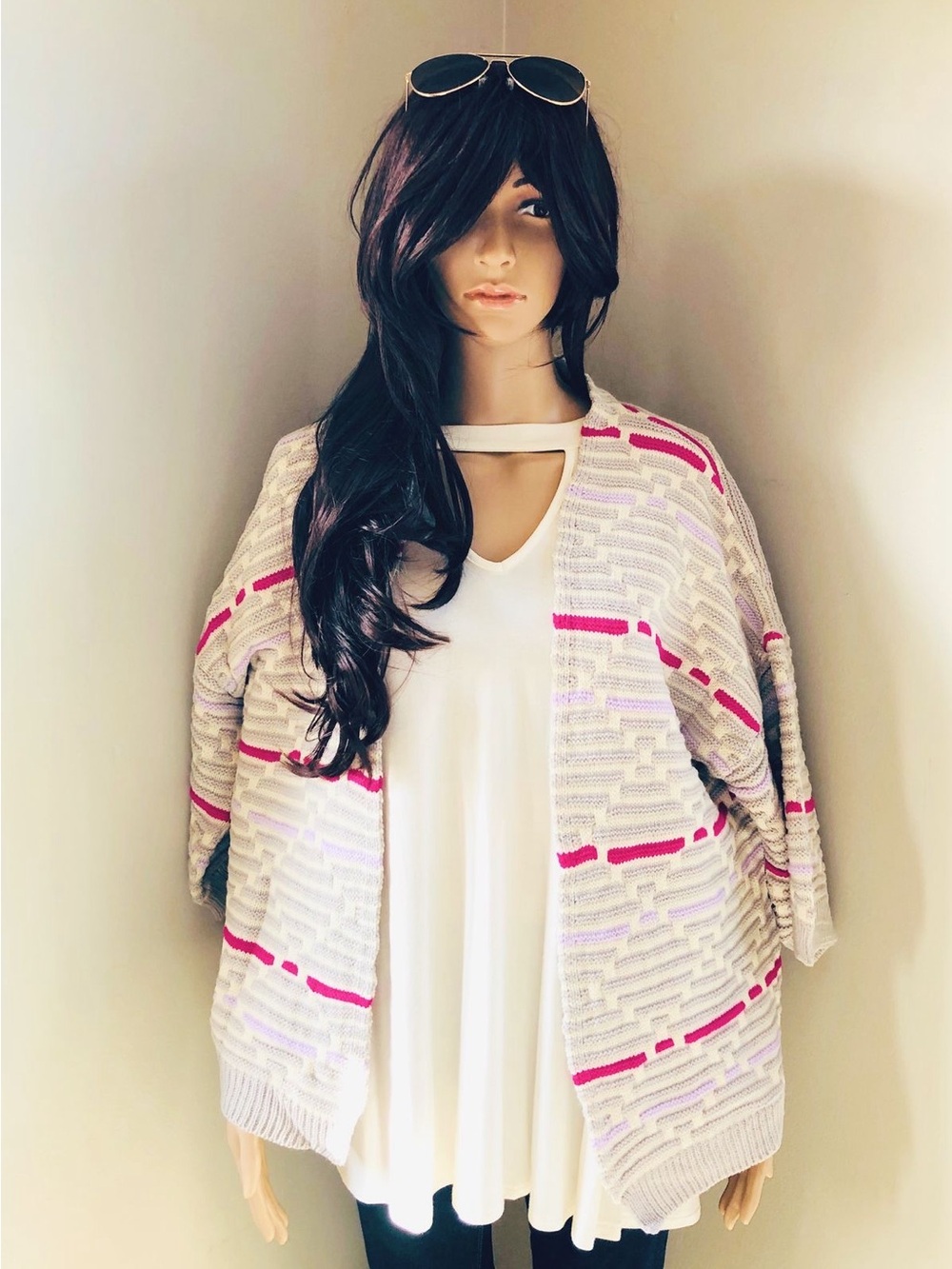 Ivory Knit Cardigan with Hot Pink & Lavender Stripes